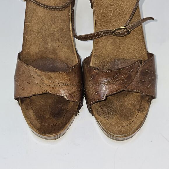 Vintage Italian Leather Wooden Heel Slingback Clog Sandals Studded Brown Size 7 - Picture 7 of 10
